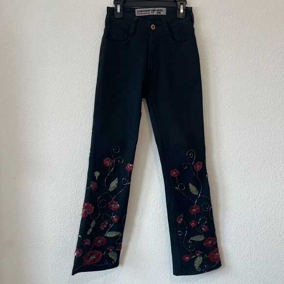 Parasuco Sequin Beaded Embellished Floral Black Flare Jeans Size 24 Vintage Y2K - Picture 2 of 7
